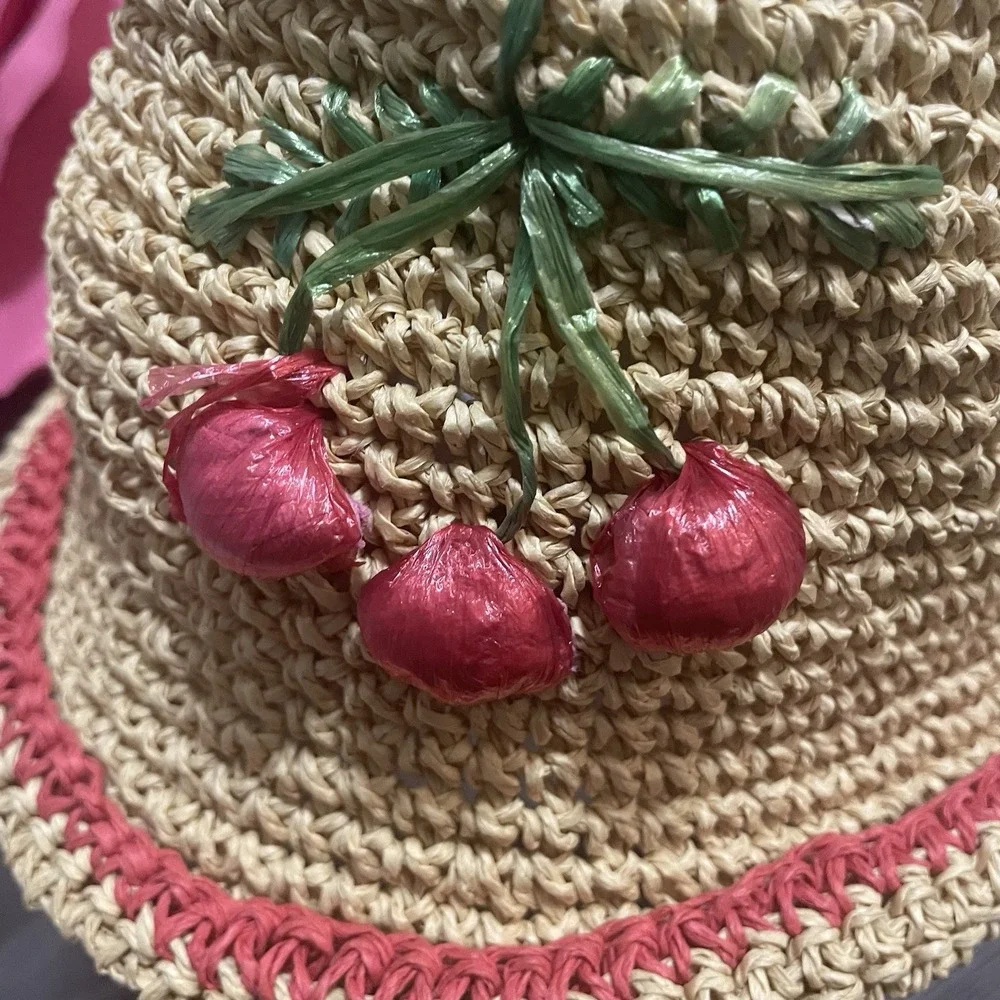 APRIL CORNELL 100% Straw Hat Stitched Cherries Collapsible Packable‎ Woven